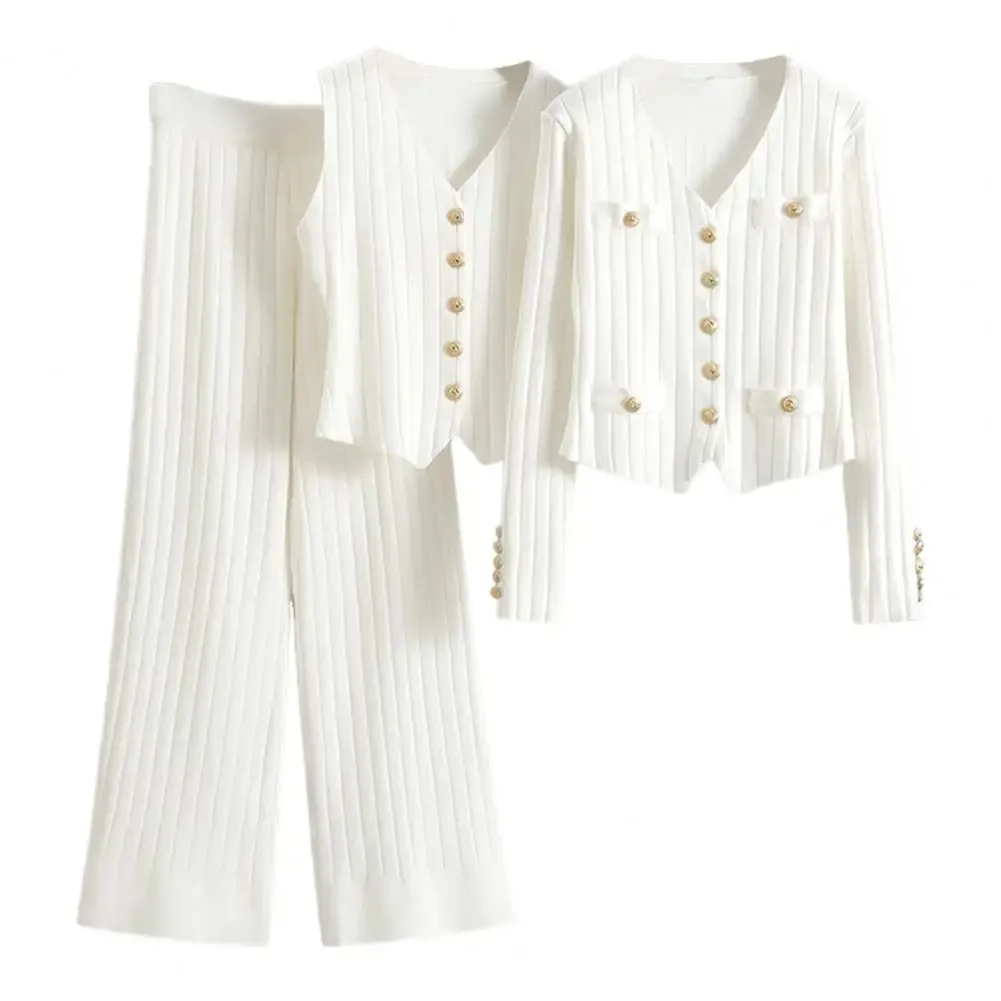 LVSANW French Style Women Knitted Sweater Pants Set 3 Pieces Wide Leg Pants Sweater And Vest And Knitted Cardigan Set Elegant Outfit