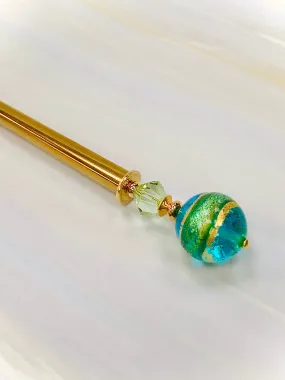 Ocean Blue Venetian 24k gold Art glass hair stick, hand made hair stick, shawl pin, sweater pin,