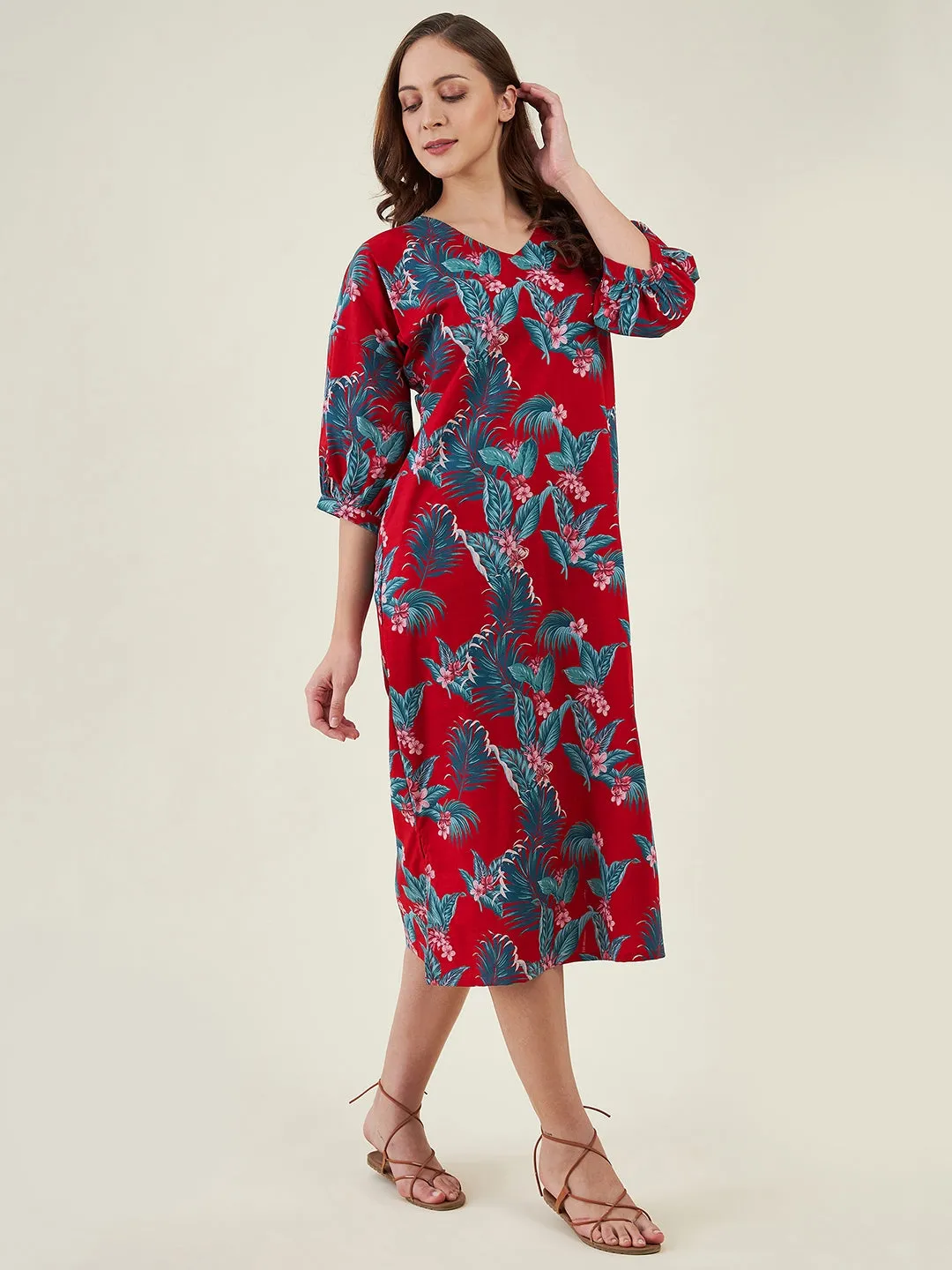 Red Tropical Paradise Casual Linen Dress