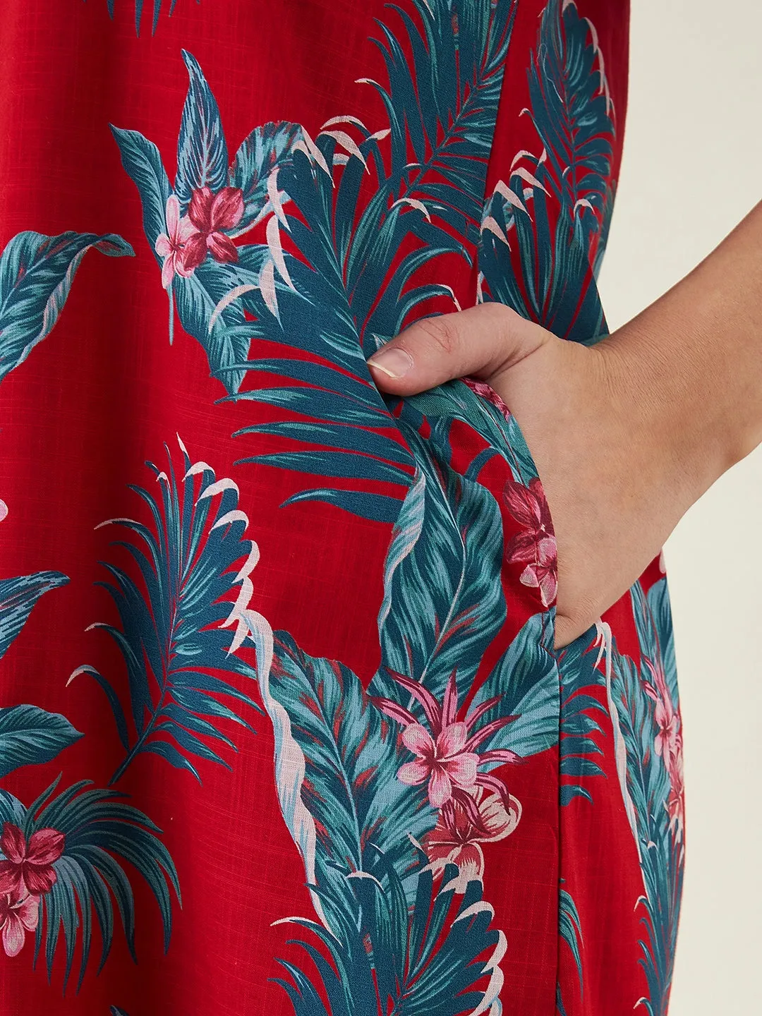 Red Tropical Paradise Casual Linen Dress
