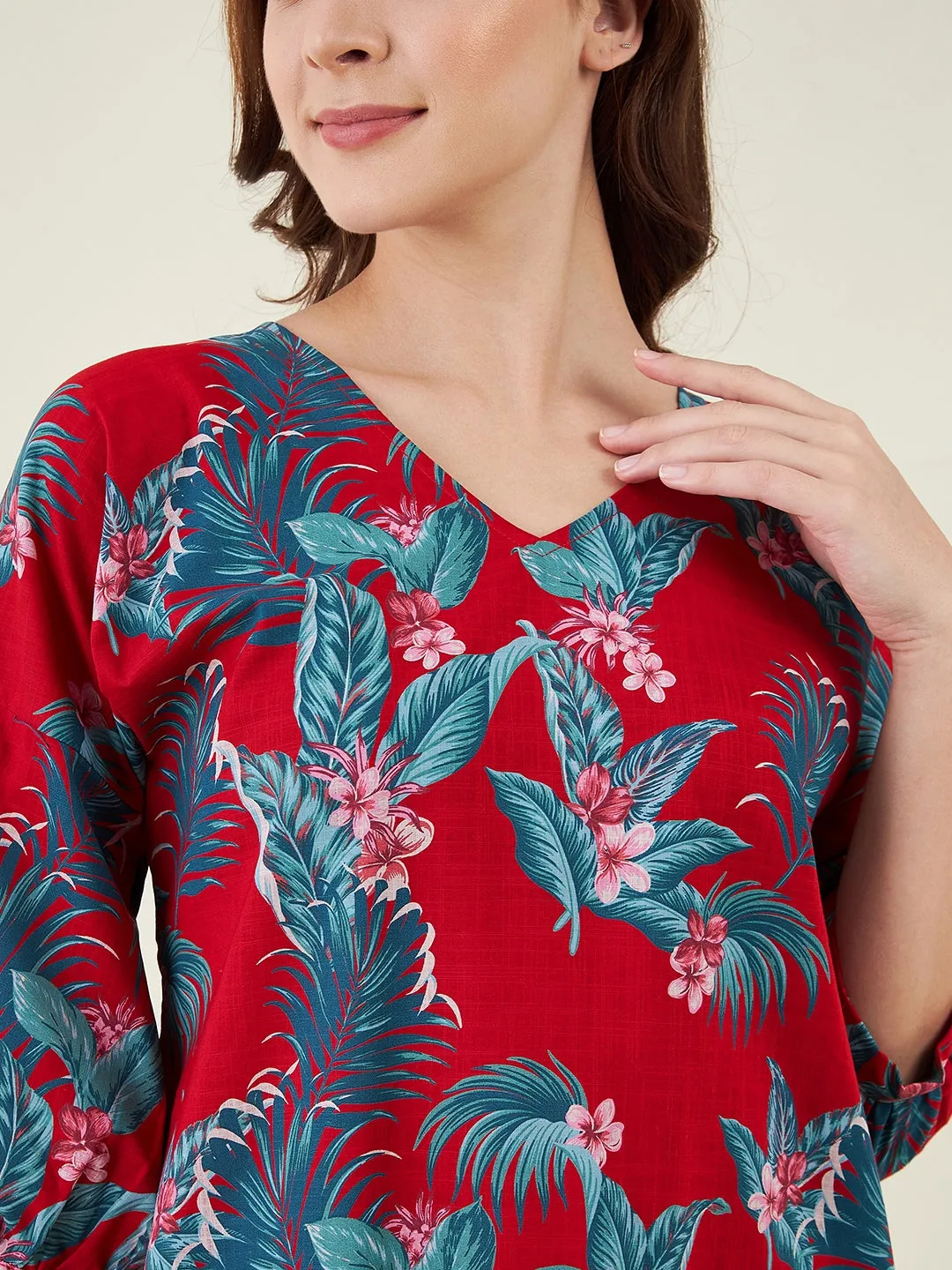 Red Tropical Paradise Casual Linen Dress