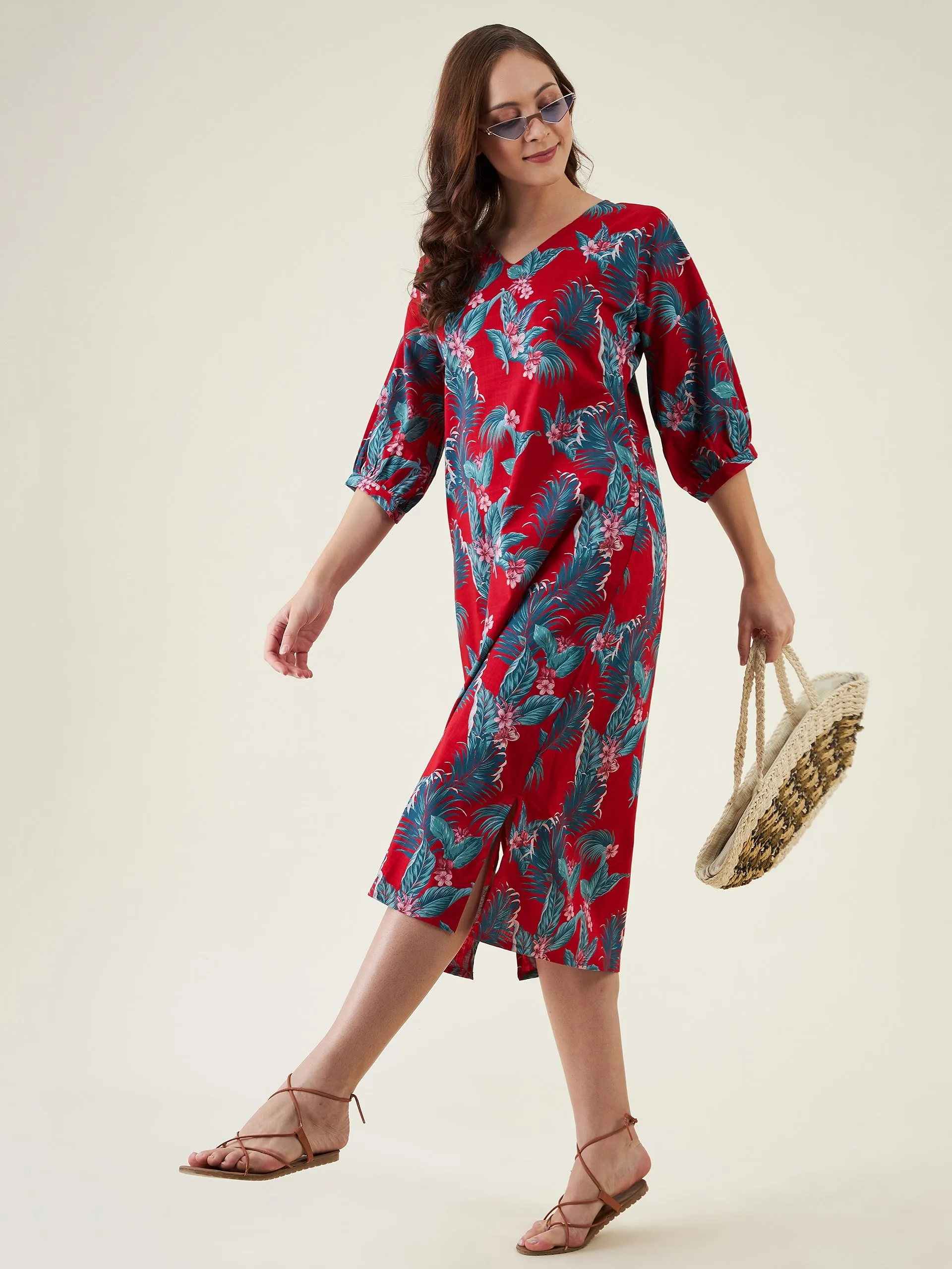 Red Tropical Paradise Casual Linen Dress