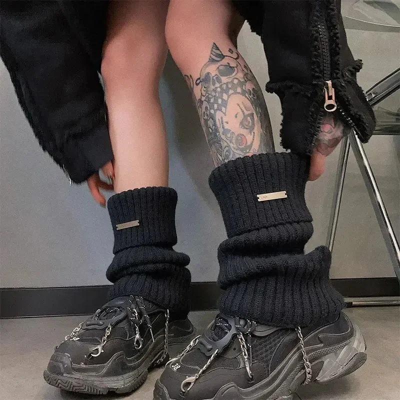 Sohiwoo New Punk Women Knitted Leg Warmers Calf Socks Vintage Winter Japanese Harajuku Pile Long Leg Covers Medium Socks Y2K Accessories
