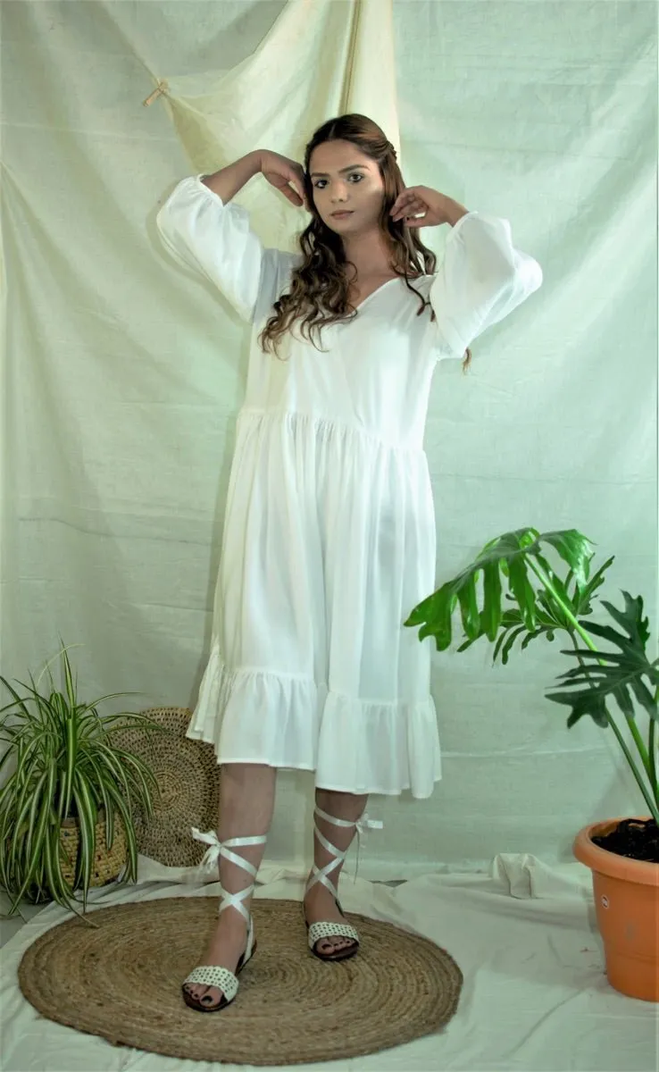 White flowy gathered summer dress