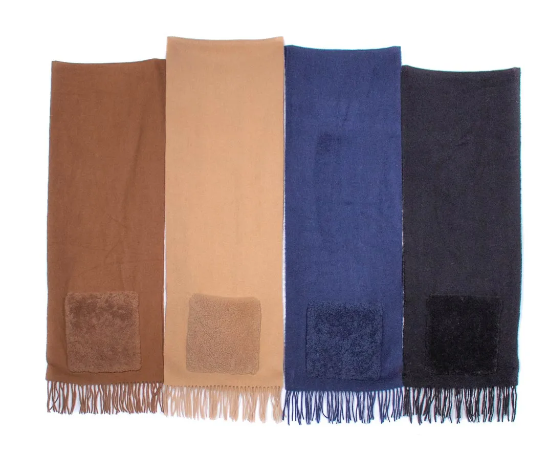 Wool Scarf With Shearling Pockets In Multiple Colors